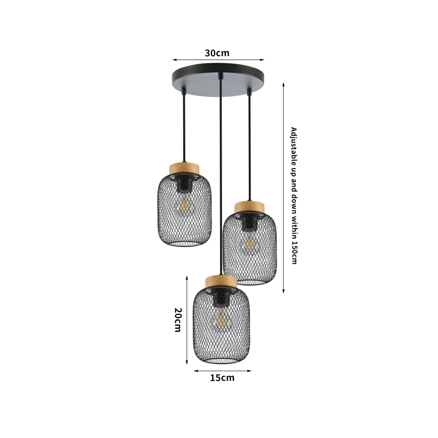 Brilagi - Pendelleuchte an Stahlseil BASKLITE 3xE27/15W/230V Gummibaumholz/schwarz