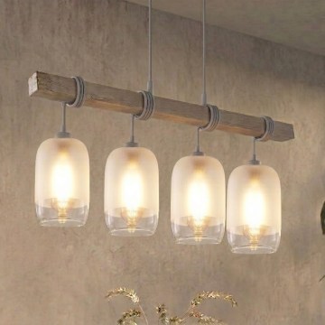BRILAGI - Pendelleuchte mit Kabel WOOD GLASS 4xE27/60W/230V Kiefer/grau/weiß