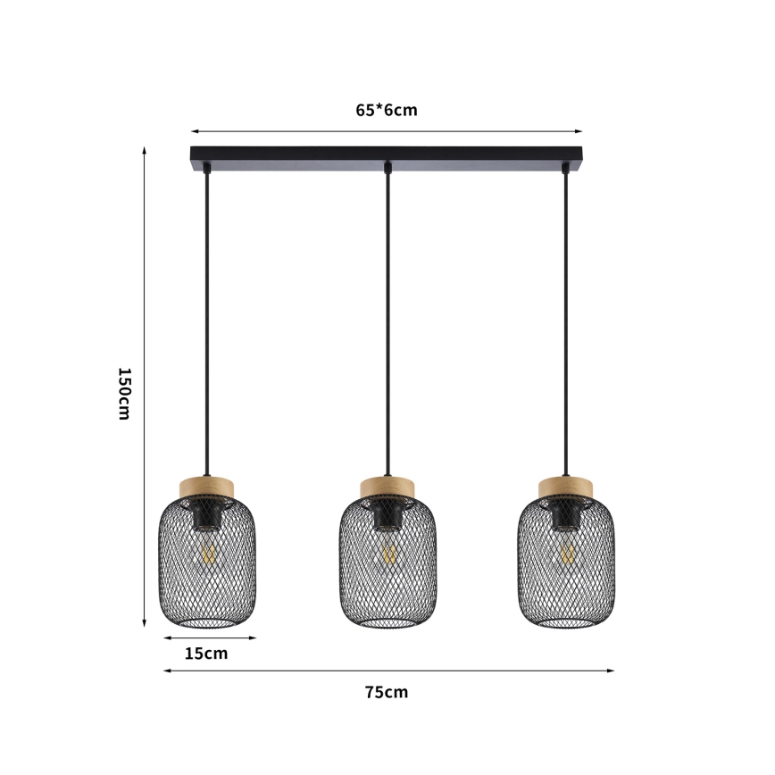 Brilagi - Pendelleuchte mit Kabelaufhängung BASKLITE 3xE27/15W/230V Holz/Schwarz