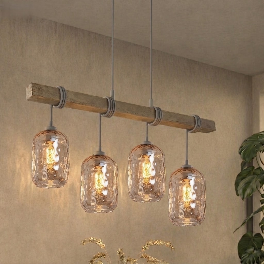BRILAGI - Pendelleuchte an Kabel WOOD GLASS 4xE27/60W/230V Kiefer/Grau/Rauchbraun