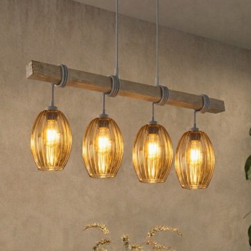 BRILAGI - Pendelleuchte mit Seilaufhängung WOOD GLASS 4xE27/60W/230V Kiefer/Grau/Rauchbraun