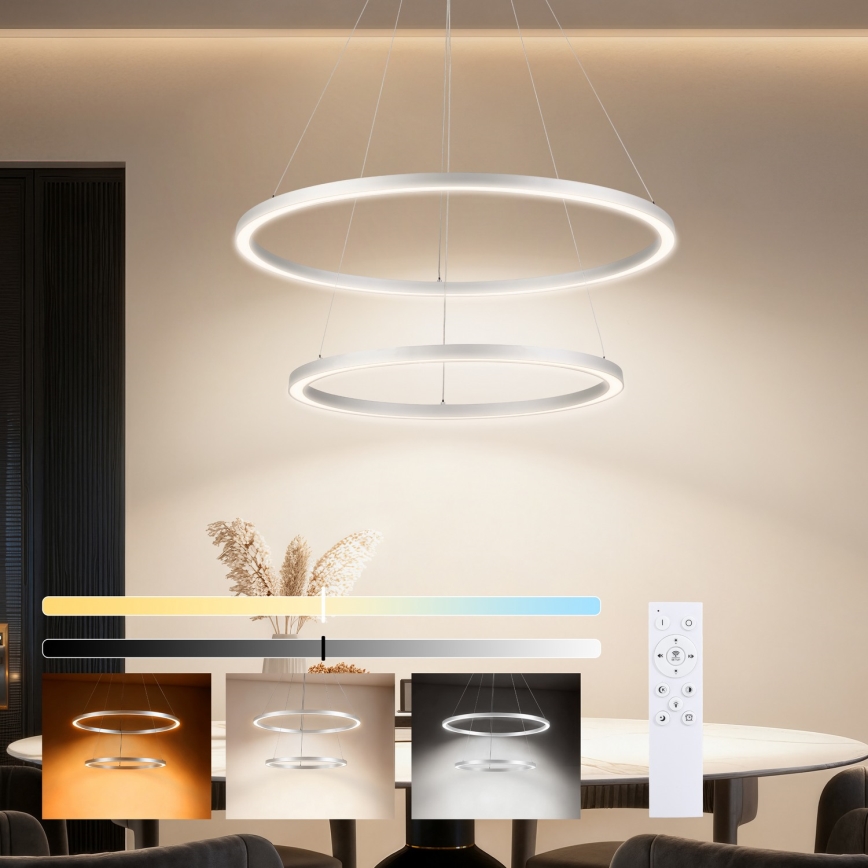 Brilagi - PORTOFINO LED dimmbare Pendelleuchte mit Seilaufhängung, LED 98W, 230V, 3000–6000K, Ø 80 cm, silber + Fernbedienung