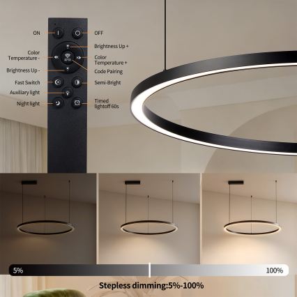 Brilagi - LED-dimmbare Pendelleuchte an Seil PORTOFINO LED/60W/230V 3000-6000K Ø 80 cm schwarz + Fernbedienung
