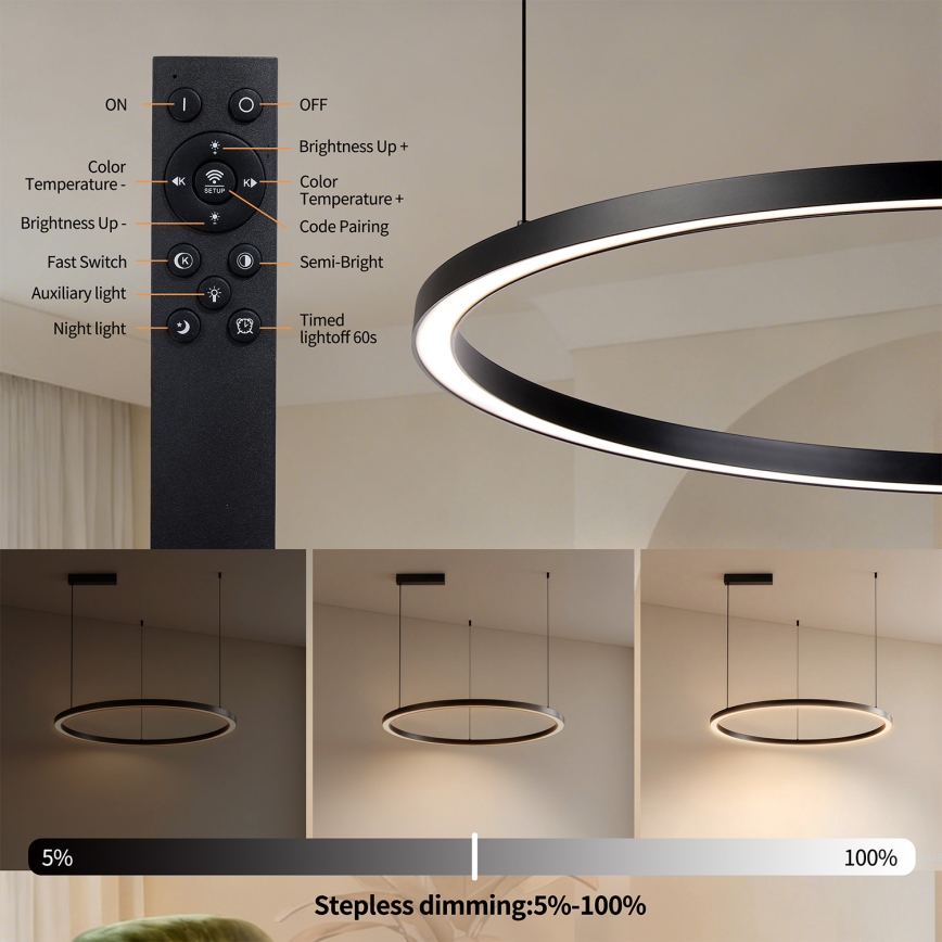 Brilagi - LED-dimmbare Pendelleuchte an Seil PORTOFINO LED/60W/230V 3000-6000K Ø 80 cm schwarz + Fernbedienung