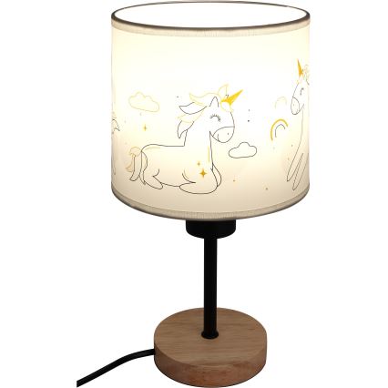Brilagi - Kinder-Tischlampe BOBO WOOD 1xE27/25W/230V Eiche/schwarz/weiß/Einhörner