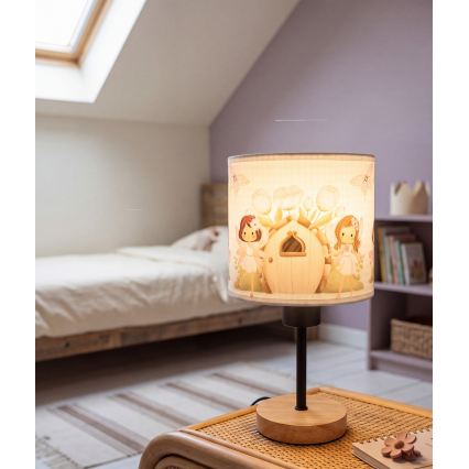 Brilagi - Kinder-Tischlampe BOBO WOOD 1xE27/25W/230V Eiche/schwarz/weiß/rosa/Feen