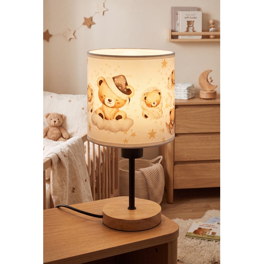 Brilagi - Kinder-Tischleuchte BOBO WOOD 1xE27/25W/230V Eiche/schwarz/weiß/Teddybären