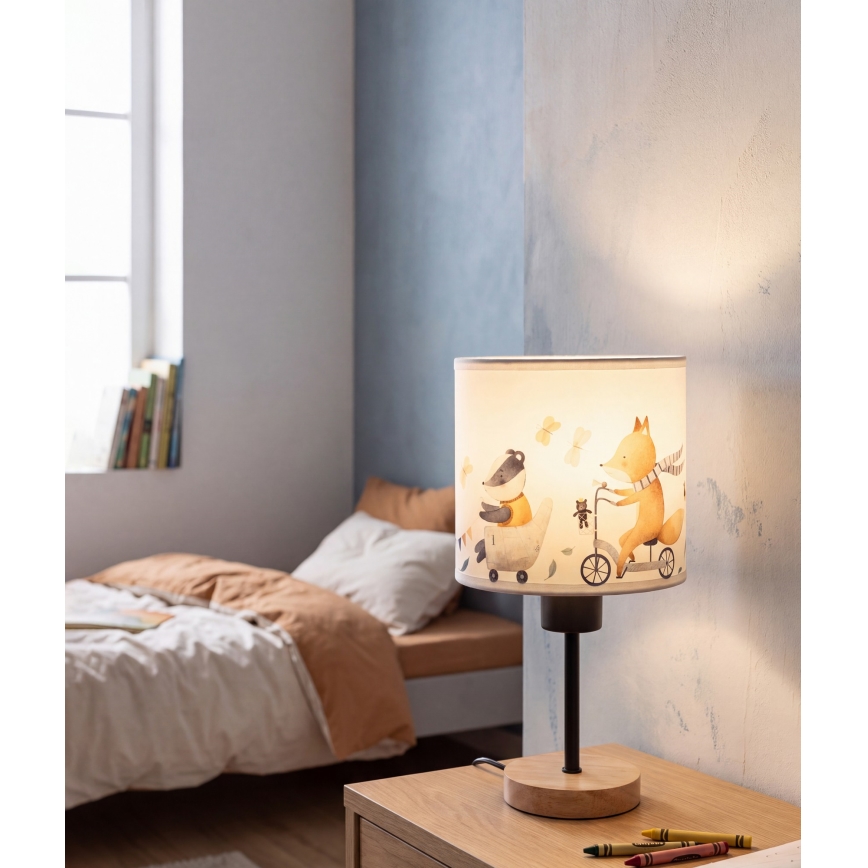 Brilagi - Kinder-Tischlampe BOBO WOOD 1xE27/25W/230V Eiche/schwarz/weiß/Tiermotive