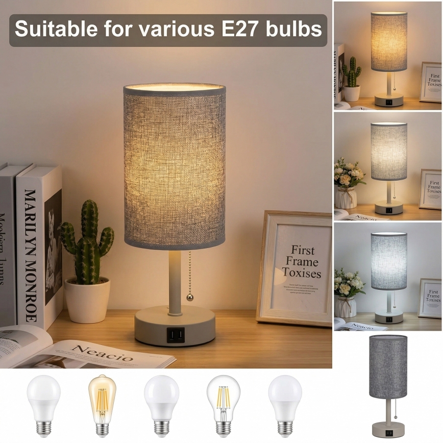 Brilagi - Tischlampe mit USB-Anschluss TABLON 1xE27/25W/230V beige/grau