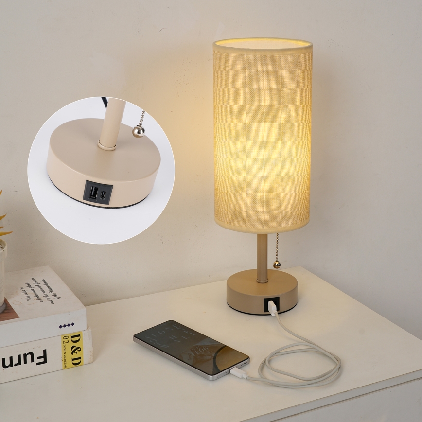 Brilagi - Tischlampe mit USB-Anschluss TABLON 1xE27/25W/230V beige