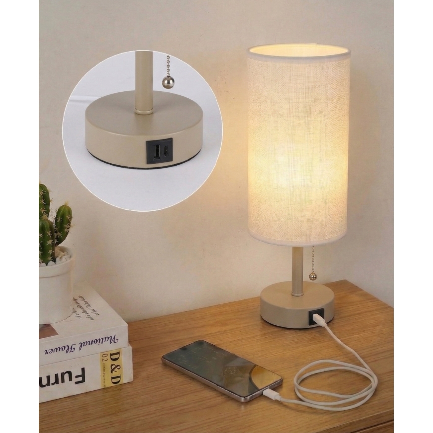 Brilagi - Tischlampe mit USB-Anschluss TABLON 1xE27/25W/230V beige/weiß