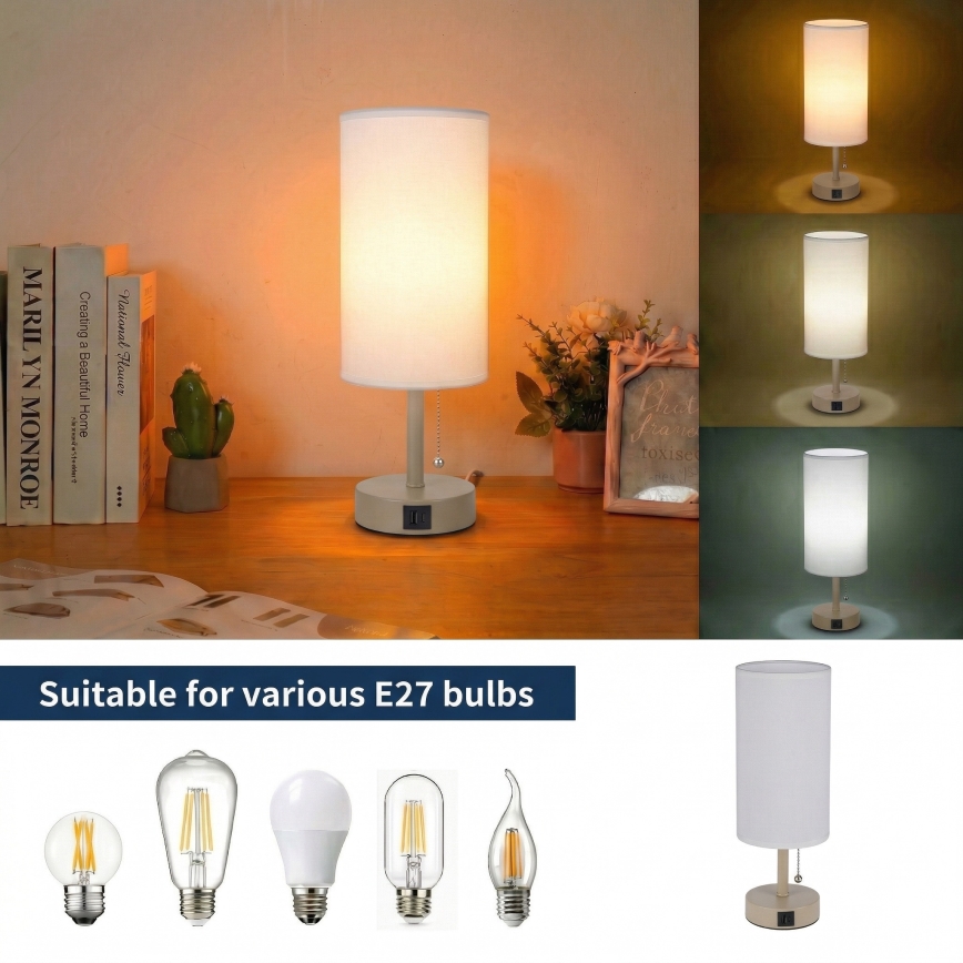 Brilagi - Tischlampe mit USB-Anschluss TABLON 1xE27/25W/230V beige/weiß
