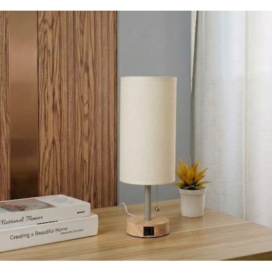 Brilagi - Tischlampe mit USB-Anschluss TABLON 1xE27/25W/230V Eiche/Beige/Creme