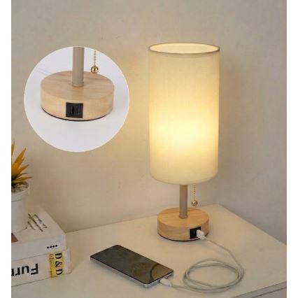 Brilagi - Tischlampe mit USB-Anschluss TABLON 1xE27/25W/230V Eiche/Beige/Creme
