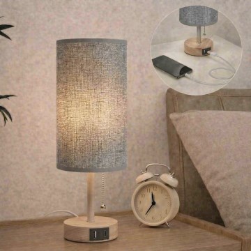 Brilagi - Tischlampe mit USB-Anschluss TABLON 1xE27/25W/230V Eiche/beige/grau