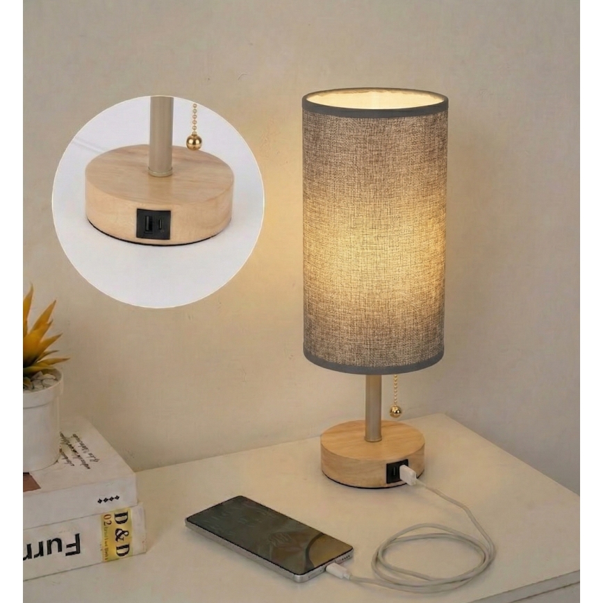 Brilagi - Tischlampe mit USB-Anschluss TABLON 1xE27/25W/230V Eiche/beige/grau