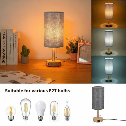 Brilagi - Tischlampe mit USB-Anschluss TABLON 1xE27/25W/230V Eiche/beige/grau