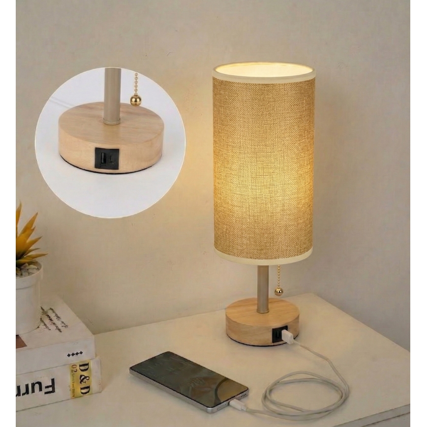 Brilagi - Tischlampe mit USB-Anschluss TABLON 1xE27/25W/230V Eiche/beige