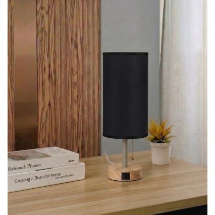 Brilagi - Tischlampe mit USB-Anschluss TABLON 1xE27/25W/230V Eiche/Beige/Schwarz