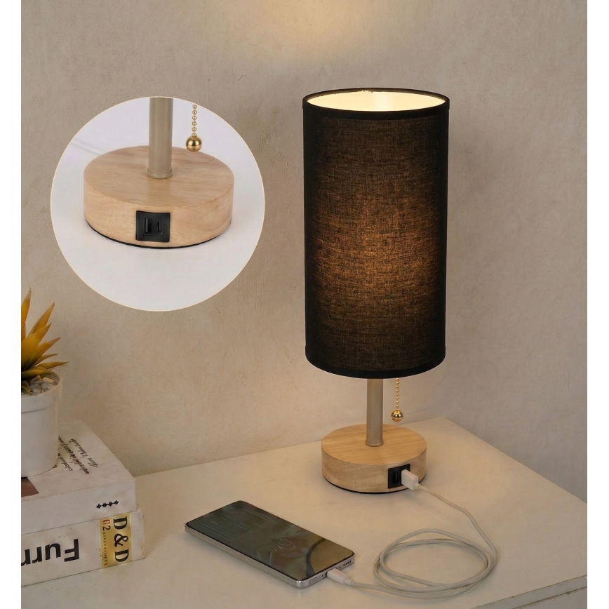 Brilagi - Tischlampe mit USB-Anschluss TABLON 1xE27/25W/230V Eiche/Beige/Schwarz