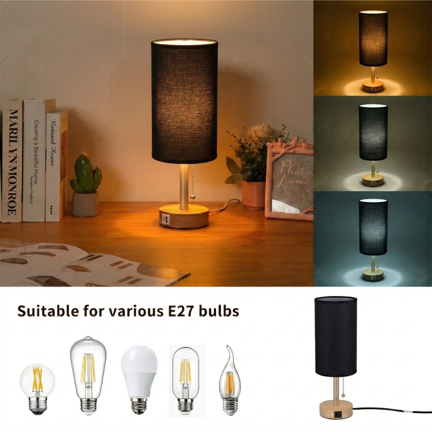 Brilagi - Tischlampe mit USB-Anschluss TABLON 1xE27/25W/230V Eiche/Beige/Schwarz