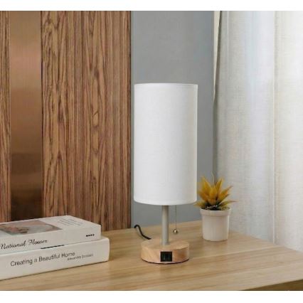 Brilagi - Tischlampe mit USB-Anschluss TABLON 1xE27/25W/230V Eiche/beige/weiß