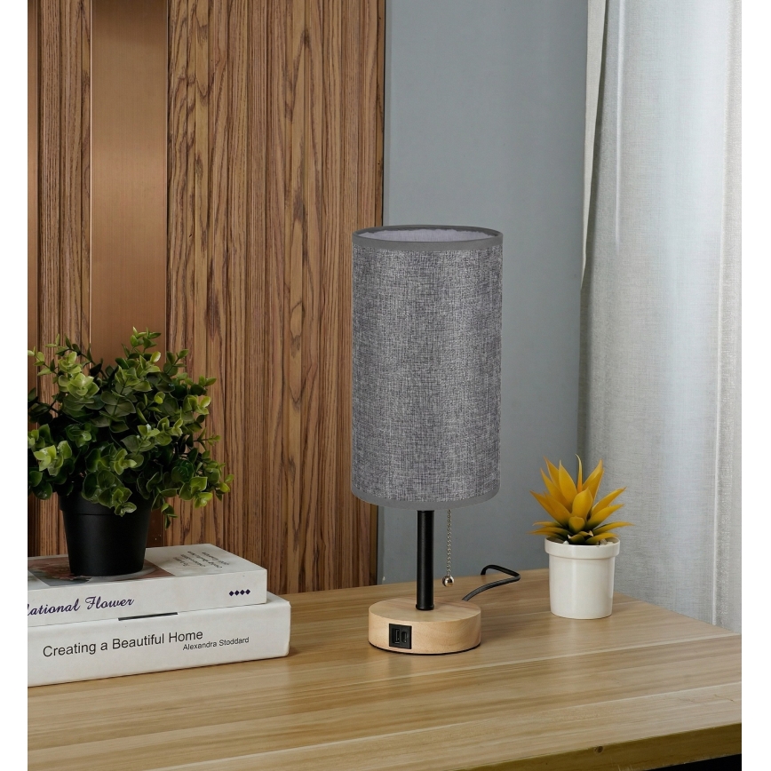Brilagi - Tischlampe mit USB-Anschluss TABLON 1xE27/25W/230V Eiche/Schwarz/Grau