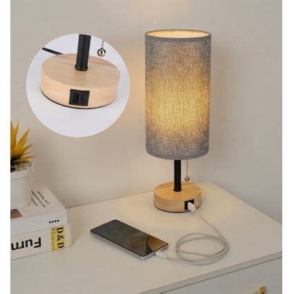 Brilagi - Tischlampe mit USB-Anschluss TABLON 1xE27/25W/230V Eiche/Schwarz/Grau