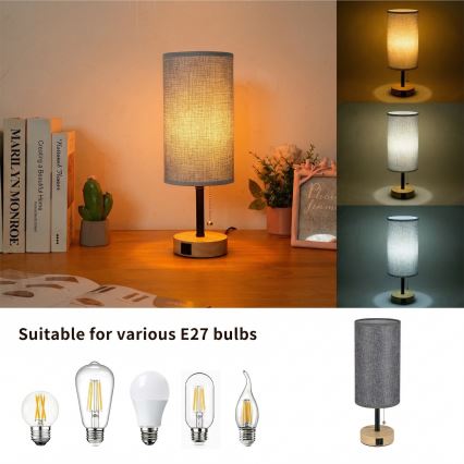 Brilagi - Tischlampe mit USB-Anschluss TABLON 1xE27/25W/230V Eiche/Schwarz/Grau