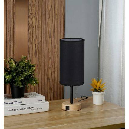 Brilagi - Tischlampe mit USB-Anschluss TABLON 1xE27/25W/230V Eiche/schwarz