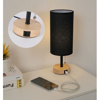 Brilagi - Tischlampe mit USB-Anschluss TABLON 1xE27/25W/230V Eiche/schwarz
