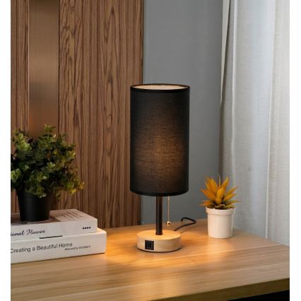 Brilagi - Tischlampe mit USB-Anschluss TABLON 1xE27/25W/230V Eiche/schwarz