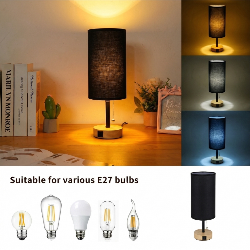 Brilagi - Tischlampe mit USB-Anschluss TABLON 1xE27/25W/230V Eiche/schwarz