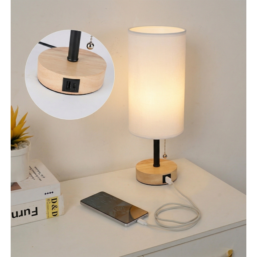 Brilagi - Tischlampe mit USB-Anschluss TABLON 1xE27/25W/230V Eiche/schwarz/weiß