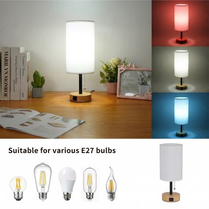 Brilagi - Tischlampe mit USB-Anschluss TABLON 1xE27/25W/230V Eiche/schwarz/weiß