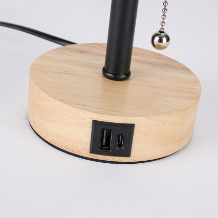 Brilagi - Tischlampe mit USB-Anschluss TABLON 1xE27/25W/230V Eiche/schwarz/weiß
