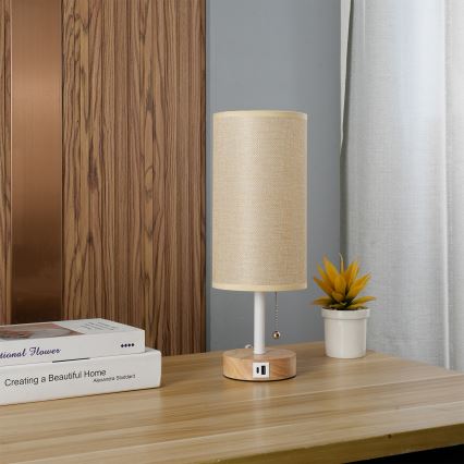 Brilagi - Tischlampe mit USB-Anschluss TABLON 1xE27/25W/230V Eiche/weiß/beige