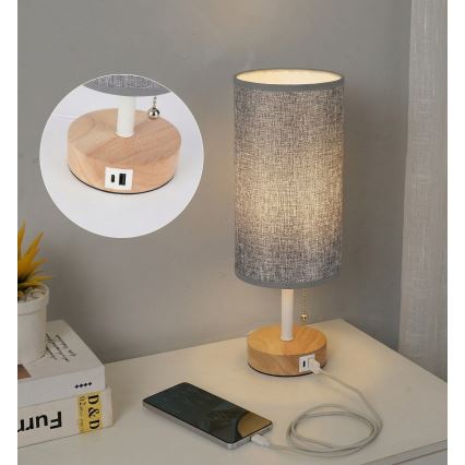 Brilagi - Tischlampe mit USB-Anschluss TABLON 1xE27/25W/230V Eiche/Weiß/Grau