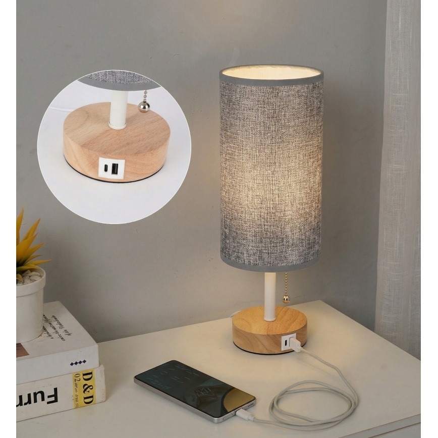 Brilagi - Tischlampe mit USB-Anschluss TABLON 1xE27/25W/230V Eiche/Weiß/Grau
