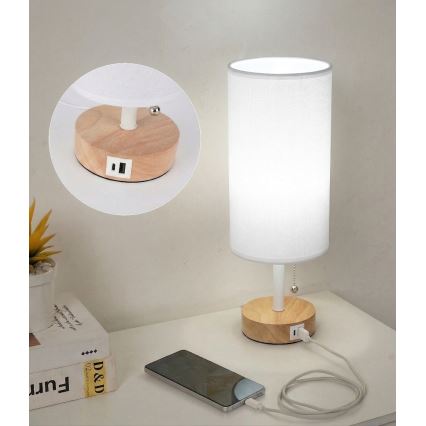Brilagi - Tischlampe mit USB-Anschluss TABLON 1xE27/25W/230V Eiche/weiß