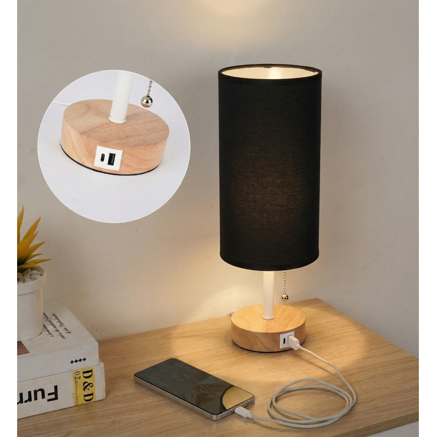 Brilagi - Tischlampe mit USB-Anschluss TABLON 1xE27/25W/230V Eiche/Weiß/Schwarz