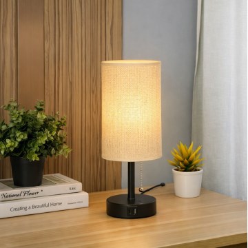 Brilagi - Tischlampe mit USB-Anschluss TABLON 1xE27/25W/230V schwarz/beige