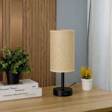 Brilagi - Tischlampe mit USB-Anschluss TABLON 1xE27/25W/230V schwarz/beige