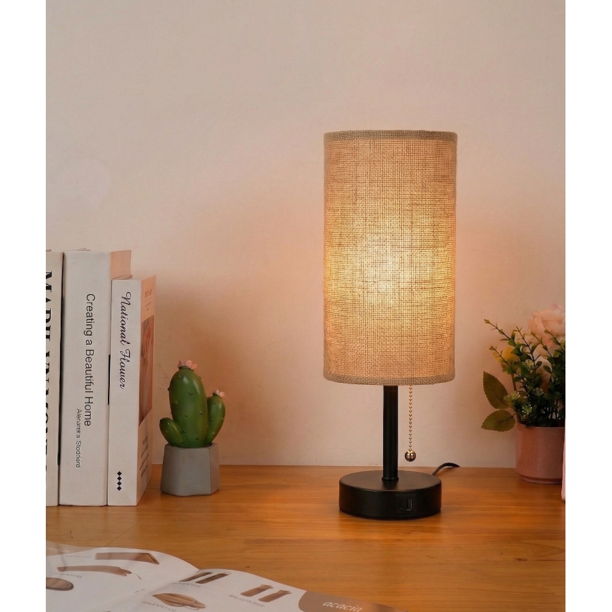 Brilagi - Tischlampe mit USB-Anschluss TABLON 1xE27/25W/230V schwarz/beige