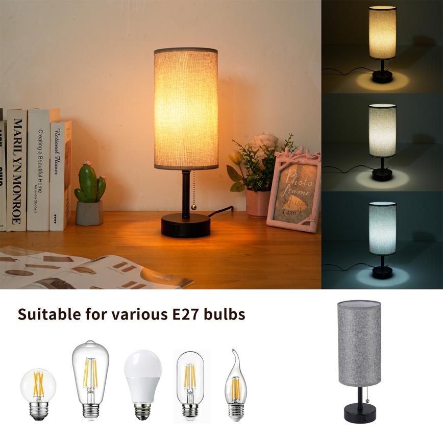 Brilagi - Tischlampe mit USB-Anschluss TABLON 1xE27/25W/230V schwarz/grau