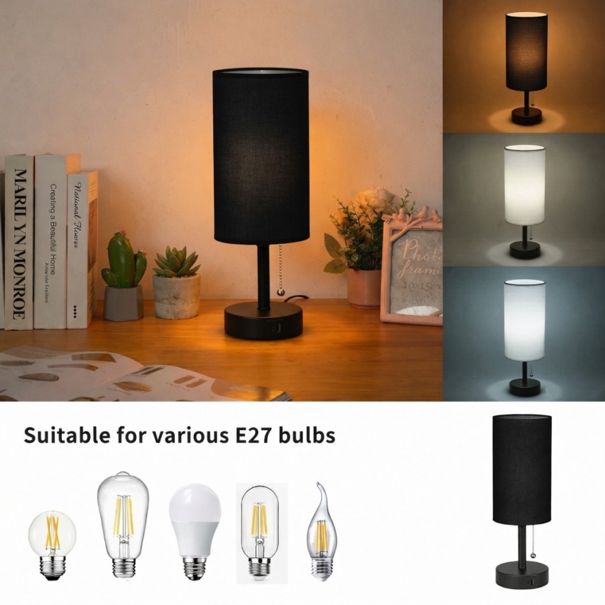 Brilagi - Tischlampe mit USB-Anschluss TABLON 1xE27/25W/230V schwarz
