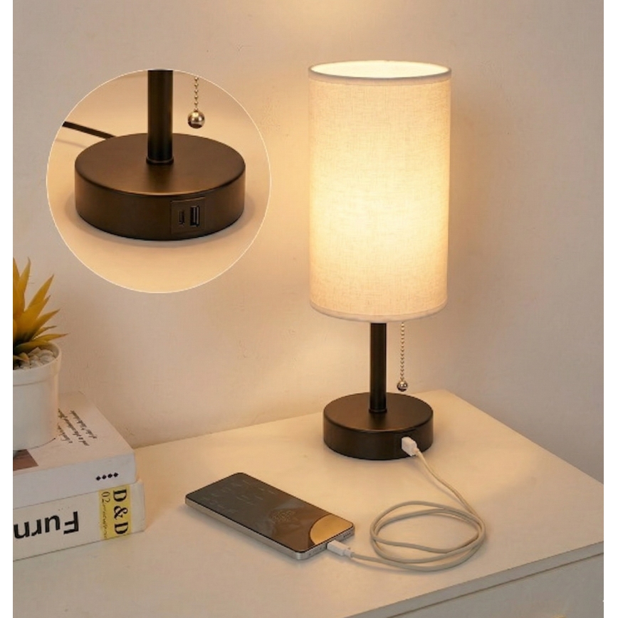 Brilagi - Tischlampe mit USB-Anschluss TABLON 1xE27/25W/230V schwarz/weiß