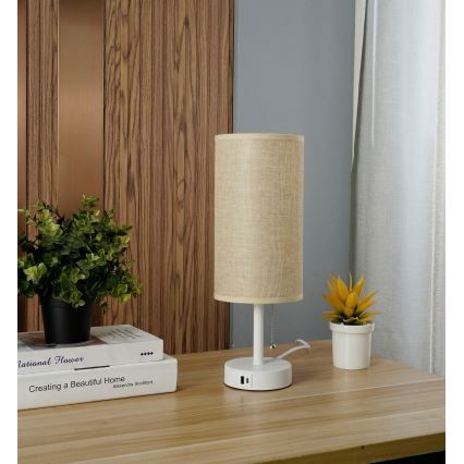 Brilagi - Tischlampe mit USB-Anschluss TABLON 1xE27/25W/230V weiß/beige