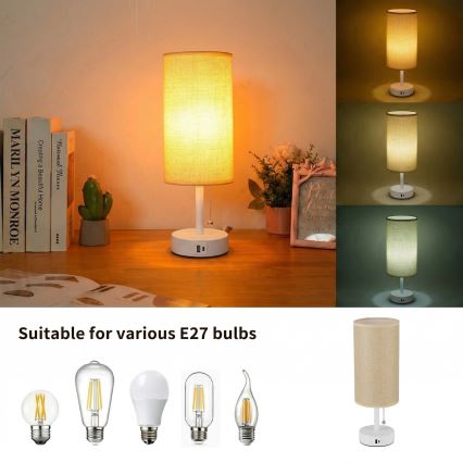 Brilagi - Tischlampe mit USB-Anschluss TABLON 1xE27/25W/230V weiß/beige