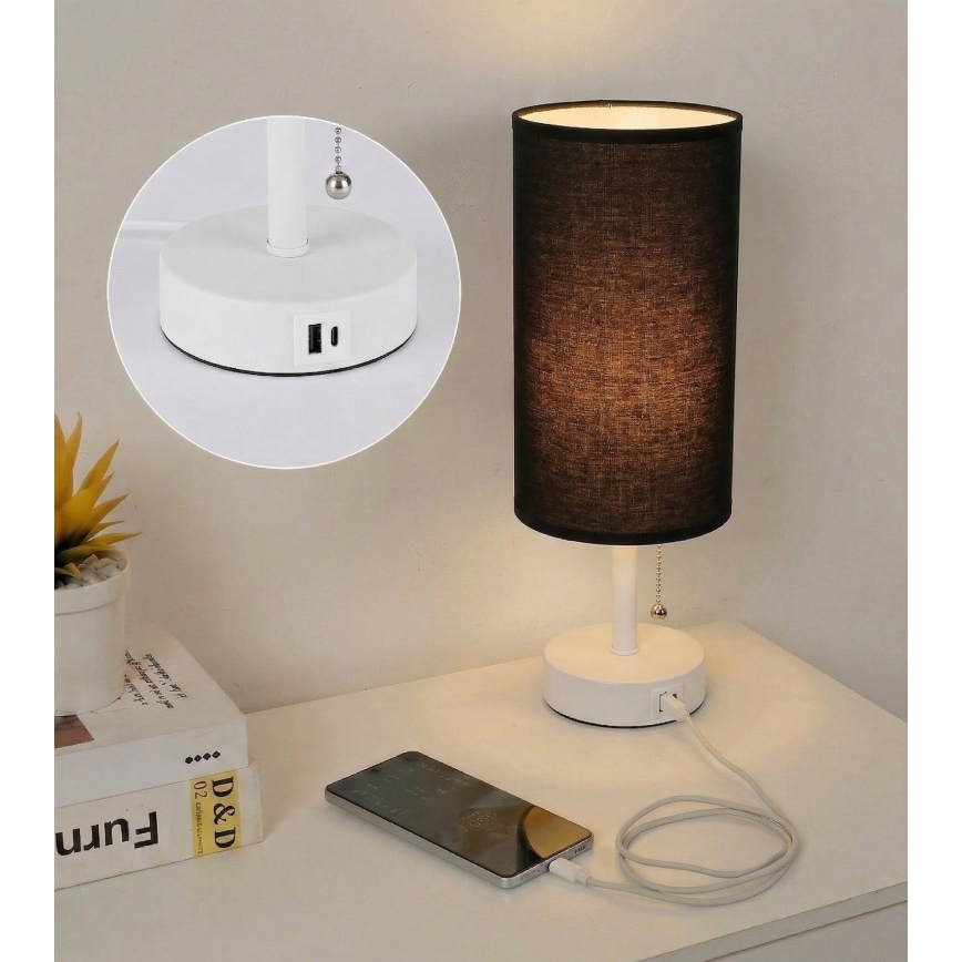 Brilagi - Tischlampe mit USB-Anschluss TABLON 1xE27/25W/230V weiß/schwarz